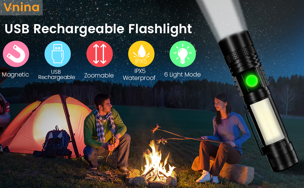 Vnina USB Rechargeable Flashlight, Pocket flashlights high lumens magnetic base