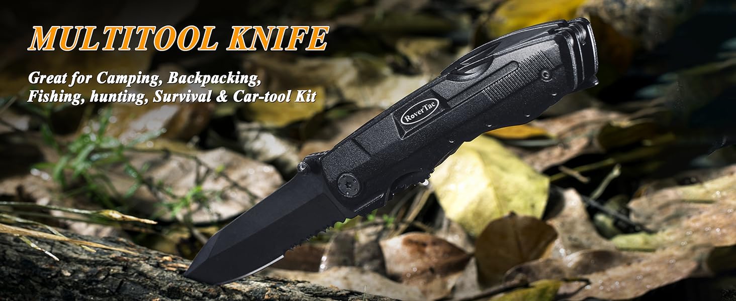 RoverTac 15-in-1 pocket multitool knife for camping hiking fishing DIY with pliers