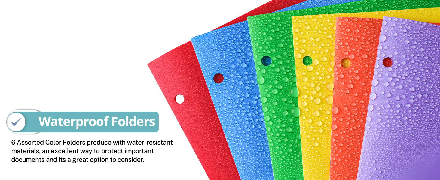 6 Pack Folders with Pockets, Plastic 3 Hole Punched Binder Folders with Business Card Holder