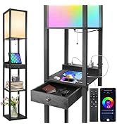OUTON Floor Lamp with Shelves &amp; Drawer, LED Dimmable Floor Lamp with Remote &amp; App &amp; Voice Control...