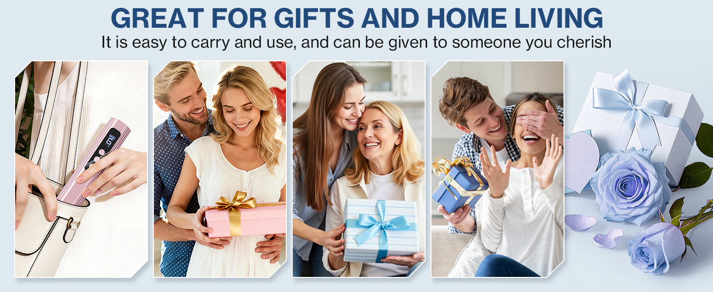 Text reads: 'GREAT FOR GIFTS AND HOME LIVING'. Multi-panel image showing gift-giving moments and blue roses, demonstrating product being shared between people.