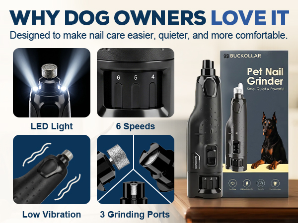 Dog nail grinder features with LED, speeds, low vibration and grinding ports.