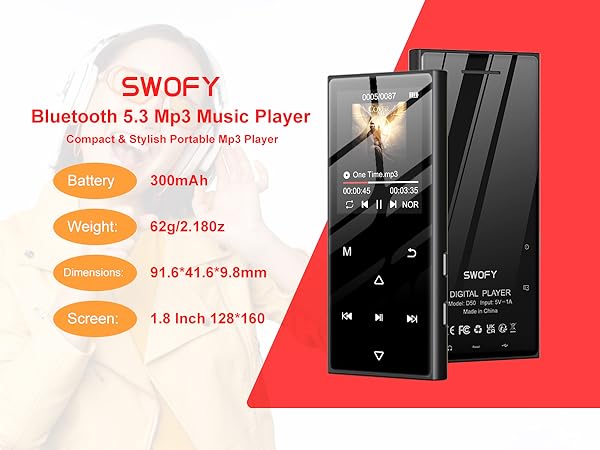SWOFY Bluetooth 5.3 MP3 player with 1.8-inch screen, 300mAh battery, weighing 62g. Slim black device with touch controls and color display showing album art.