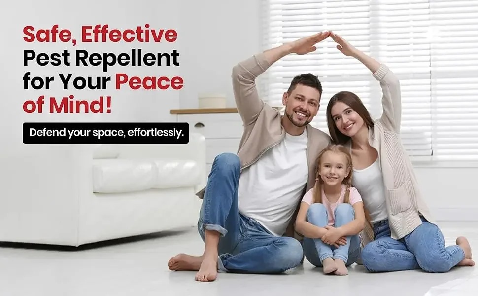 Text reads 'Safe, Effective Pest Repellent for Your Peace of Mind!' Family sitting on floor making roof shape with arms above their heads.