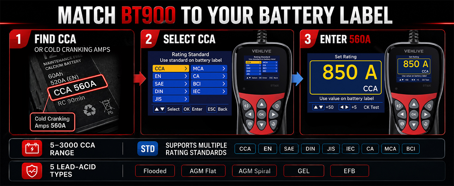 BT900 battery tester with CCA rating setup