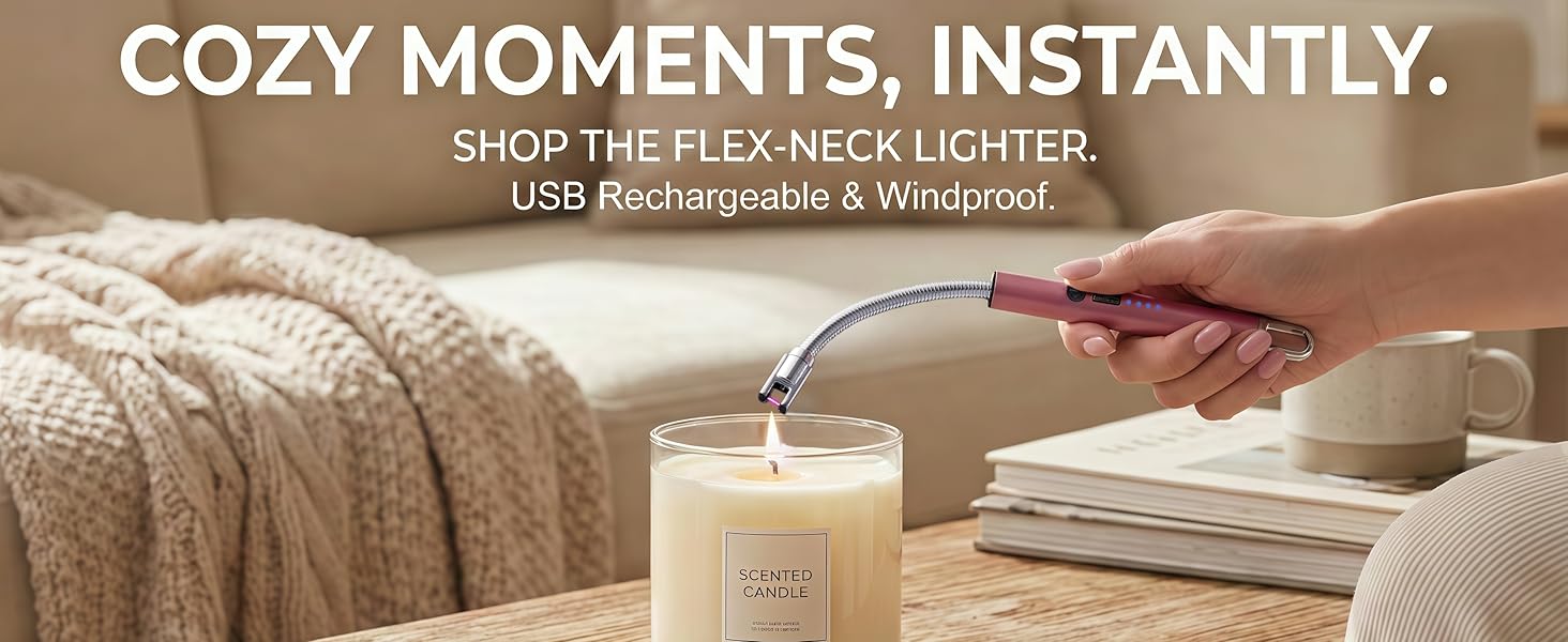 electric candle lighter with flexible neck lighting a candle in a glass jar.