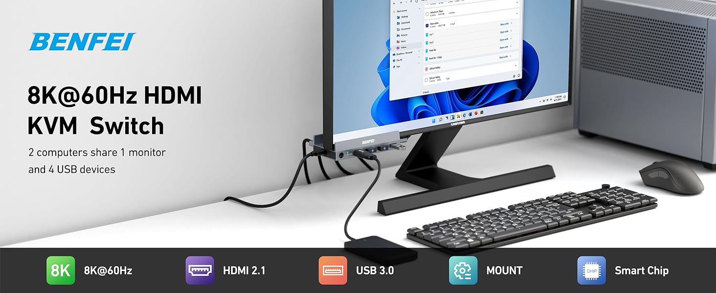 BENFEI 8K@60Hz HDMI KVM Switch setup with monitor, keyboard, and mouse. Features include HDMI 2.1, USB 3.0, and HDR support.
