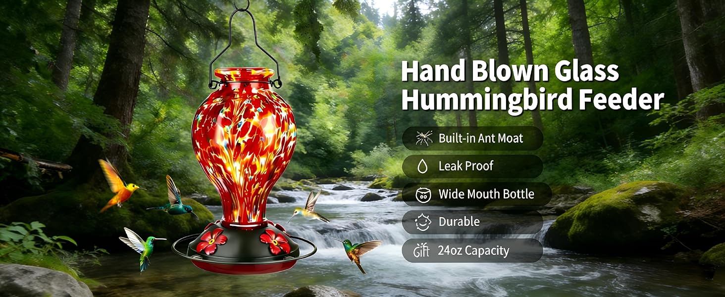 Tegarbed Hand Blown Glass Hummingbird Feeder