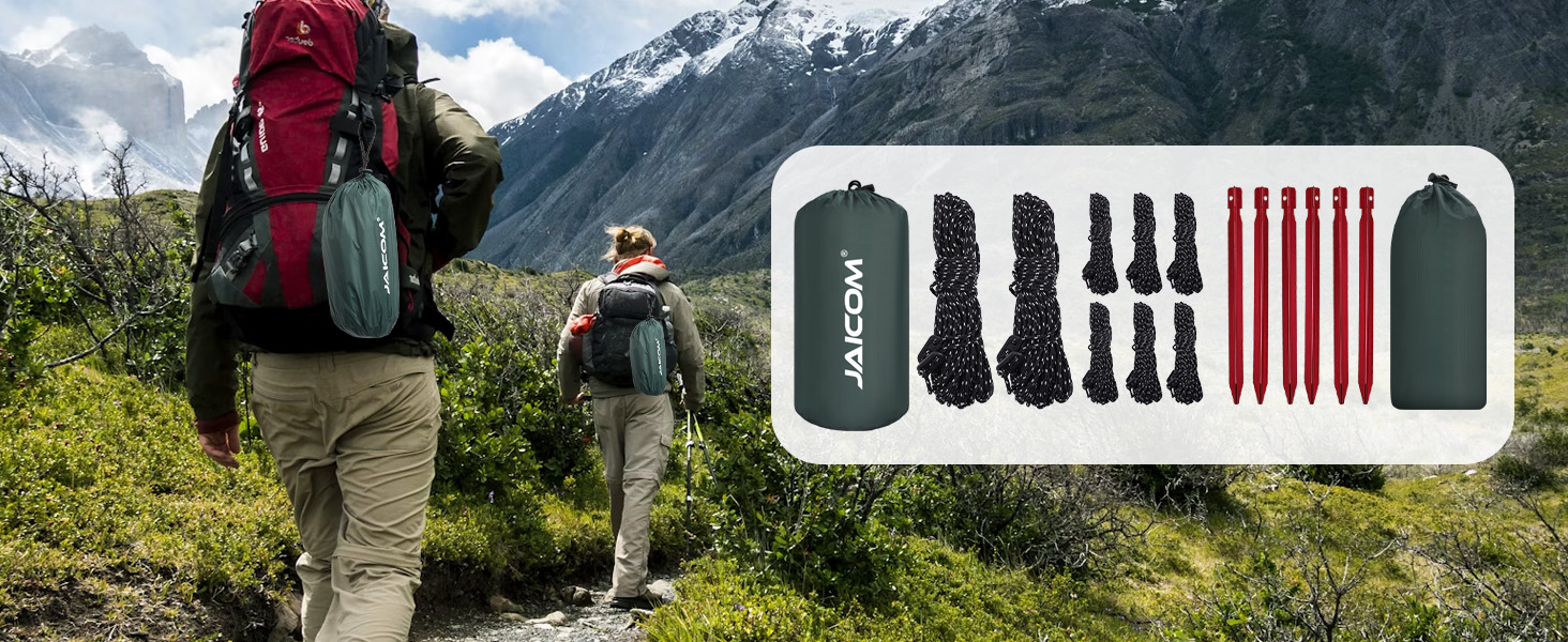 Hiking scene with two people on a trail, mountains in background. Inset shows various hiking equipment components including cords and clasps.