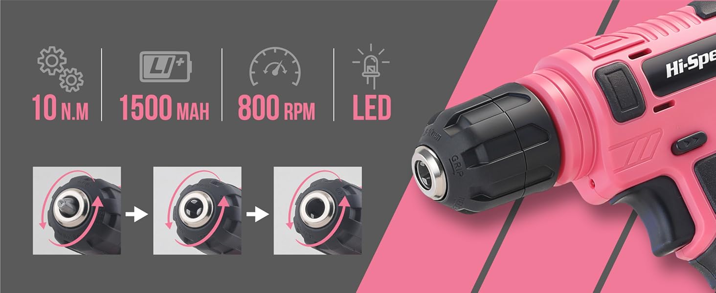 Hi-Spec 8V USB Pink Drill Driver and Home Tool Kit