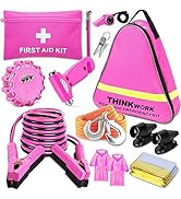 THINKWORK Car Emergency Kit for Teen Girls and Lady's Gifts, Pink Emergency Roadside Assistance K...