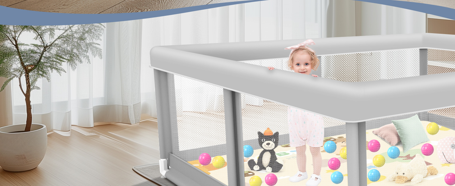 playpen with mat, balls and pull rings