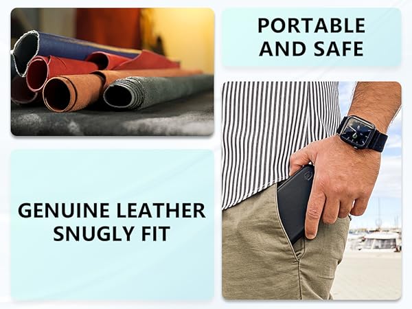 Close-up shots of a leather earbud case being carried and used, showing its portability and fit in pockets. Case appears in tan/brown leather with striped fabric lining.