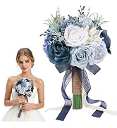 Qeedy Wedding Bouquet for Bride - 8 Inch Realistic Artificial Silk Flowers Rose &amp; Peony, Handmade...