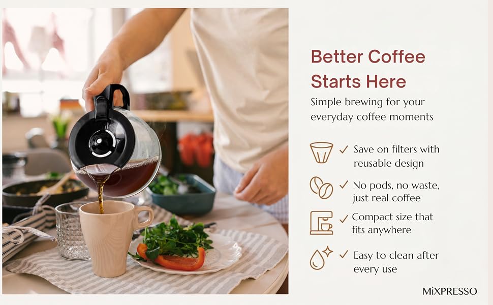 Drip coffee maker pouring fresh coffee into cup on kitchen counter