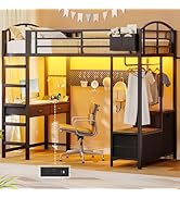 UPOSOJA Loft Bed Twin Size with Desk,4 Drawers,Power Outlet and LED Lighted,Cloth Rack,1 Storage ...