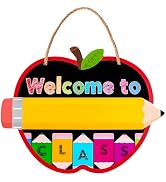 AnyDesign Back to School Door Sign Personalized Teacher Name Sign Welcome to Class Pencil Apples ...