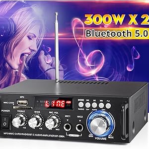 Bluetooth 5.0 amplifier with 300W x 2 power output, featuring multiple input ports, LED display, and volume control knob. Background shows music-related imagery.