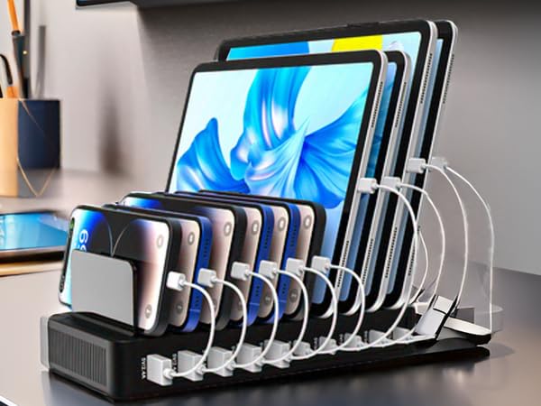 A sleek and modern charging station with multiple ports, neatly organized on a minimalist wooden sur