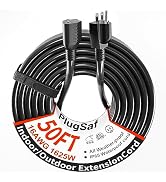 PlugSaf Black Outdoor Extension Cord 50 ft 16/3 Gauge Waterproof, Cold Weatherproof -58°F, Flame ...