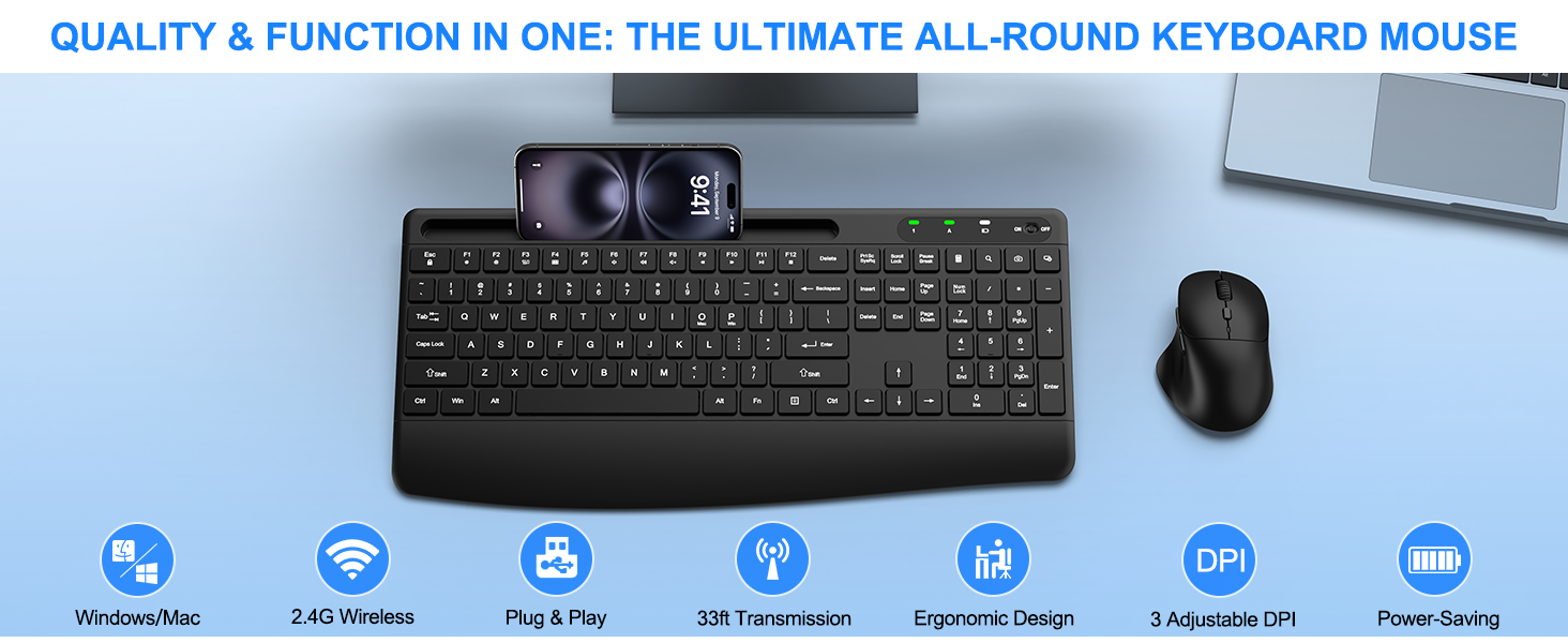 Wireless Keyboard and Mouse, Comfort Ergonomic Palm Rest Keyboard Mouse Combo Phone Holder