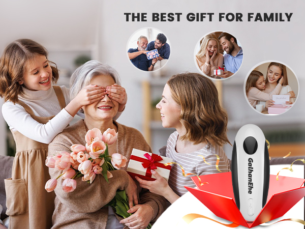 Text reads 'THE BEST GIFT FOR FAMILY'. Multi-panel image showing family moments and a white electronic device.