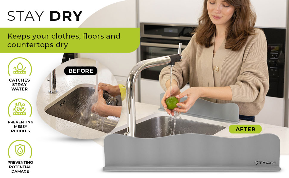 Premium silicone sink splash guard protecting your countertop and floor dry