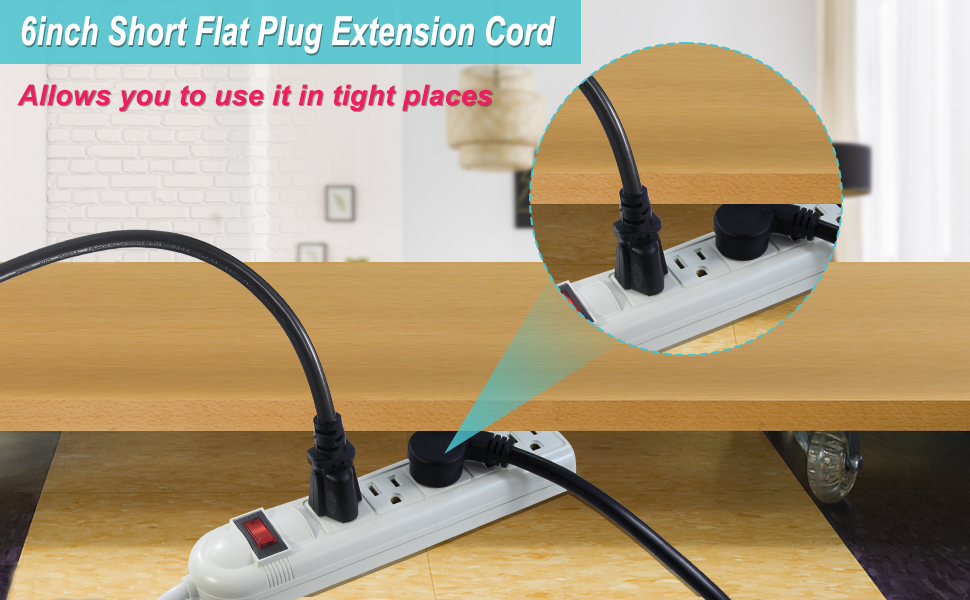 6inch Black Low Profile Flat Head 3 Prong Grounded Indoor Extension Cord