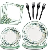 96 Pieces Sage Greenery Party Supplies Tableware Set Eucalyptus Leaf Jungle Theme Party Table Dec...