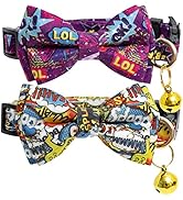 2 Pack Cotton Designer Breakaway Cats Collar with Bow Tie and Bell Graffiti Style Cat Collars for...