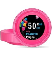 WELLIFE 10 Inch Plastic Plates Hot Pink 50 Count Disposable Plate for Party, Large Big Plates for...