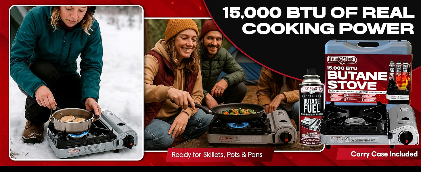 15,000 BTU Portable Butane Camping Stove COMBO with 4 x 8oz. Butane Fuel Canister