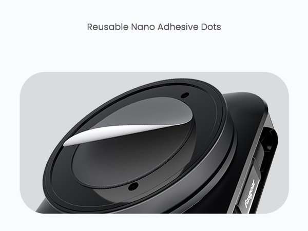 Close-up of a round, black device with a smooth surface and curved edges. The product appears to be related to reusable nano adhesive dots.