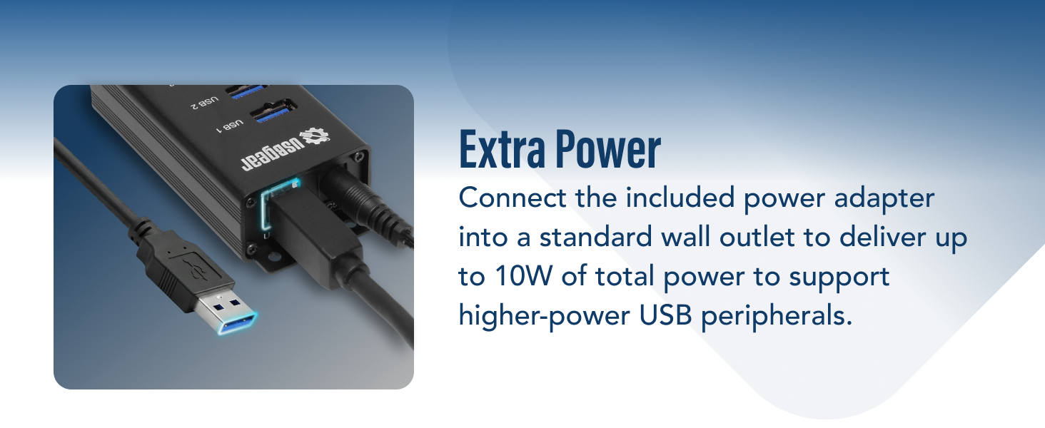 extra power 4 port USB hub with powered USB input, USB 3.0 data hub for high demand devices