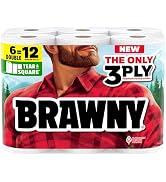 Brawny Tear-A-Square 3-Ply Paper Towels, 6 Double Rolls=12 Regular Rolls, Strong, Absorbent, an...