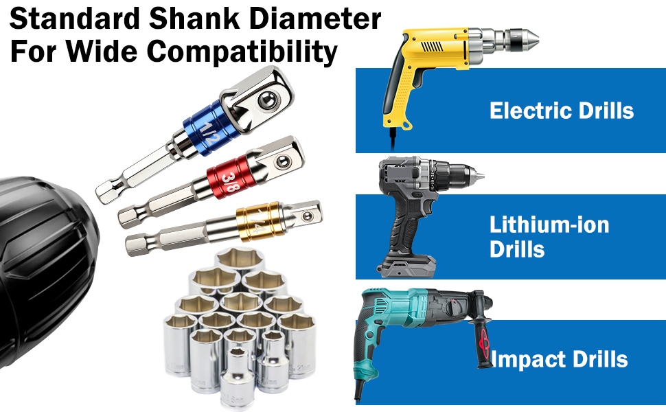3-Piece Impact Grade Socket Adapter/Extension Set Turns Power Drill Into High Speed Nut Driver