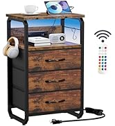 runjuly Bed Side Table with 3 Fabric Drawers, Night Stand with Charging Station, LED Nightstand w...