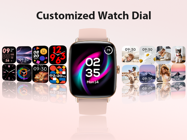 Pink smart watch for women with customizable watch faces and personal photo dial options