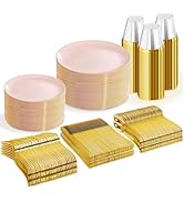 WDF 300Pcs Pink Plates Disposable - Pink and Gold Plastic Dinnerware Set for 50 Guests Include 50...