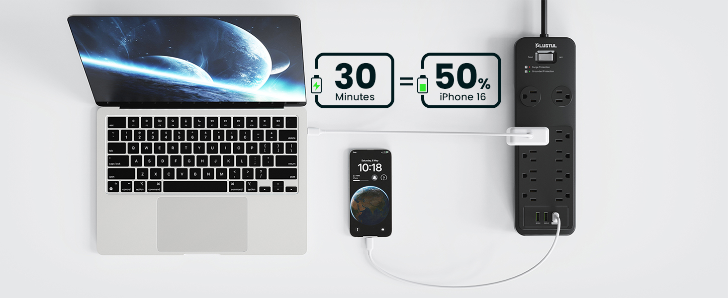 power strip surge protector usb c power strip 10ft 15ft 20ft 25ft extension cord black