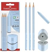 Faber-Castell Grip Graphite Pencils &amp; Accessories Set, Sky Blue – 3 Drawing Pencils (B), Pencil S...