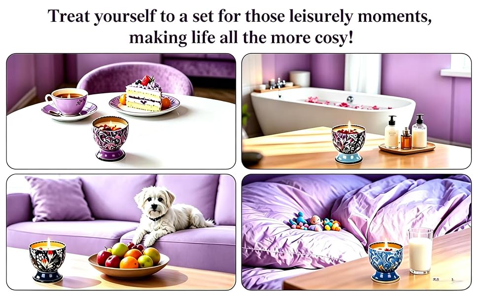 Text reads 'Treat yourself to a set for these leisurely moments, making life all the more cosy!' Four lifestyle photos showing purple bedding, storage items, and decorative accessories in cozy home settings.