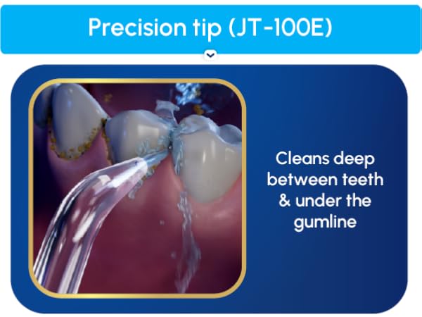 Image of Precision flossing tip with text reading cleans deep between teeth and under gumline.