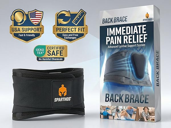 Sparthos premium lower back brace next to packaging and quality trust badges for guaranteed relief