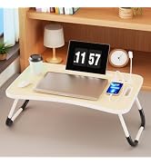 Foldable Laptop Table with Storage Drawer, Portable Bed Desk for Laptop, Computer Tray with Cup H...