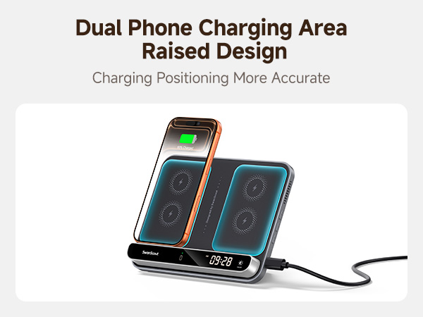 Text reads 'Dual Phone Charging Area Raised Design' and 'Charging Positioning More Accurate'. Product image showing a phone charging surface with dual charging zones.