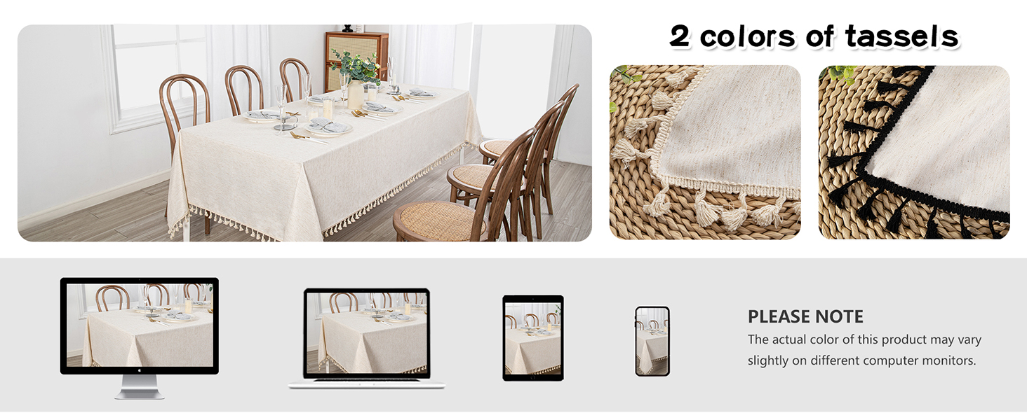 Tablecloths made of decent elegant modern design, neutral not wild, cute fringe tassel pom-poms edge