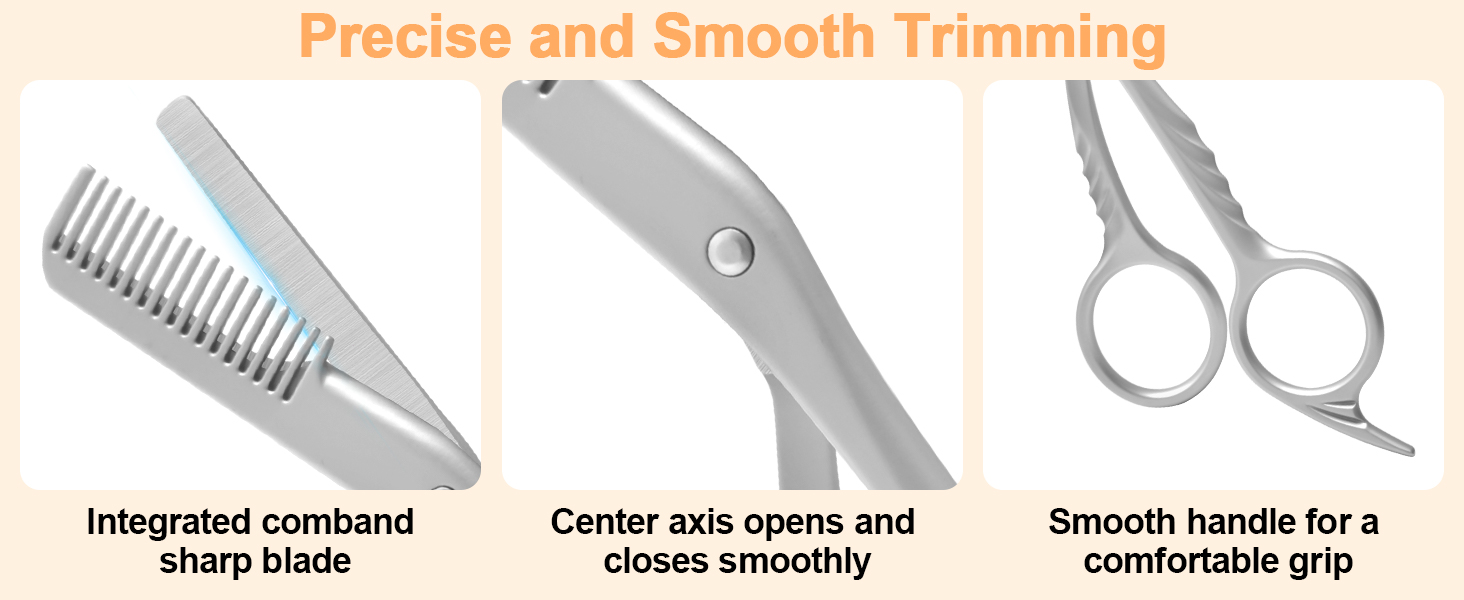 Text reads 'Precise and Smooth Trimming'. Technical diagram showing hair trimmer components and usage instructions with arrows and explanatory text.