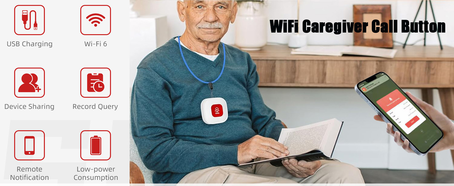 WiFi Caregiver Call Button for Elderly at Home w App Notification