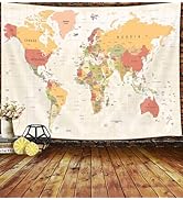 JAWO World Map Tapestry, Map of the World with Countries and Major Cities Wall Tapestries for Kid...